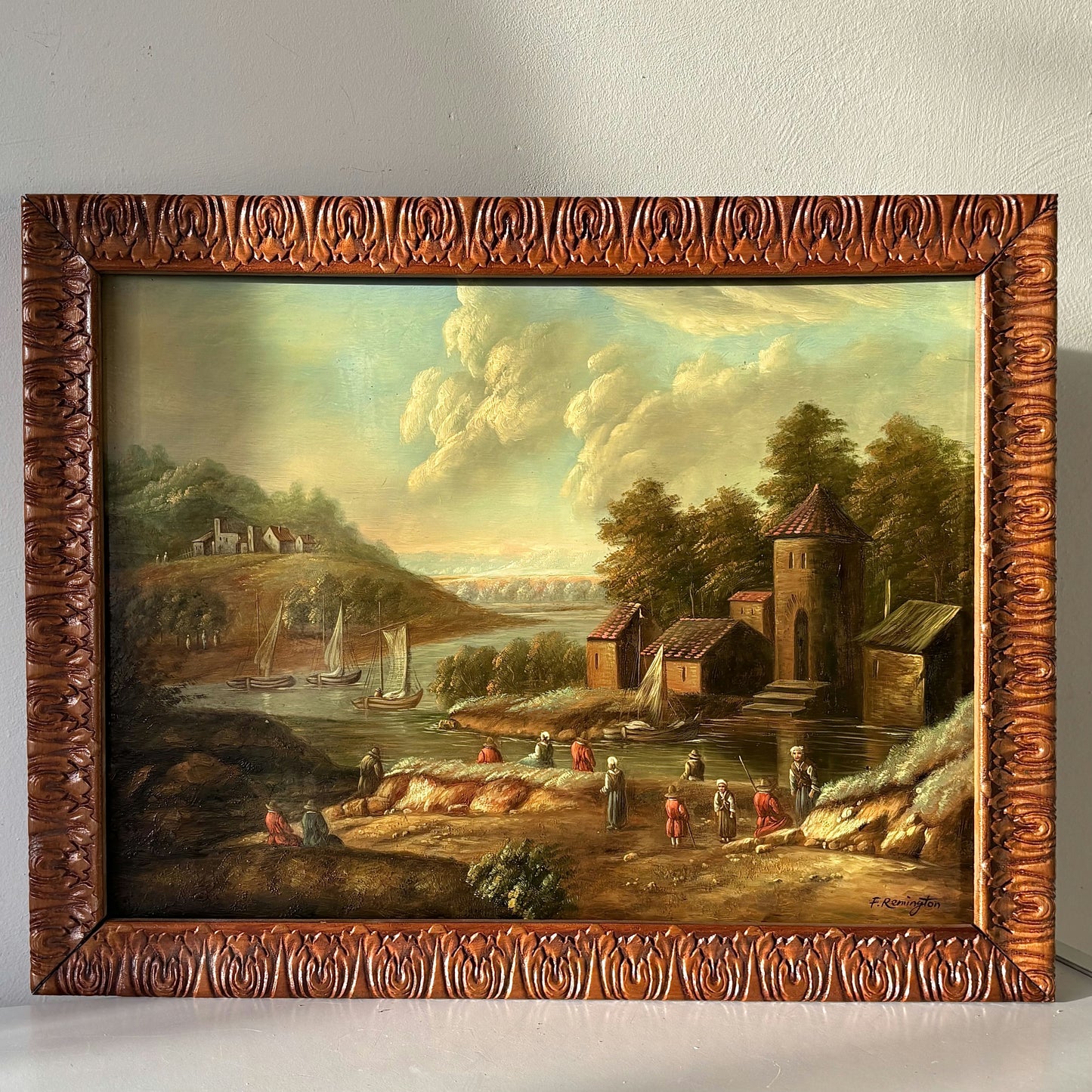 Marvelous Oil Painting Cityscape "Fishing Village" Fine French Art