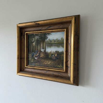 Detailed Farm Oil Painting "Rooster Group" Original Small Artwork Holland Art Shop