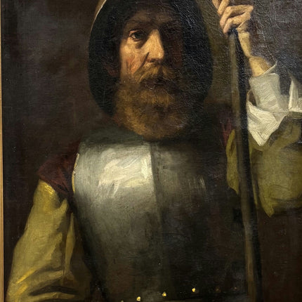 19th Century Antique Portrait Oil Painting "Armored Guard" Large Artwork Holland Art Shop