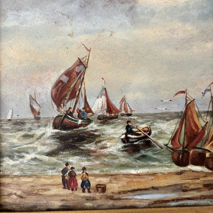 19th Century Antique Seascape Oil Painting "Fishing Boats" Small Art Holland Art Shop