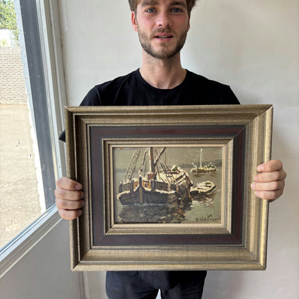 Expressive Harbor Scene Oil Painting "Fishing Boat" Refined Small Art Holland Art Shop