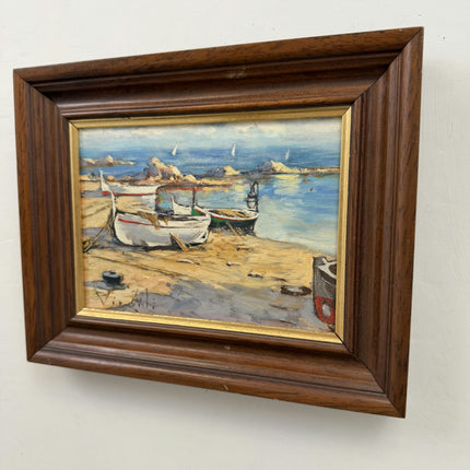 Authentic Harbor Scene Oil Painting "Striped Boats" Classic Small Art Holland Art Shop