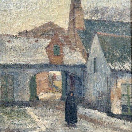 1918 Antique Winter Landscape Oil Painting "Walking Figure" Large Artwork Holland Art Shop
