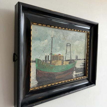 Rustic Seascape Oil Painting "Green Boat" Traditional Small Art Holland Art Shop