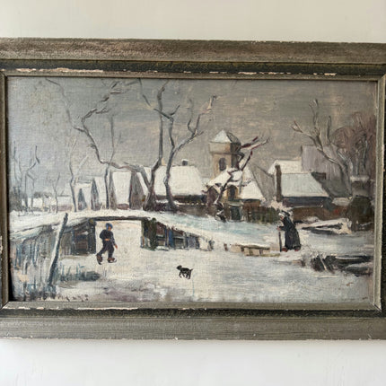 Authentic Winter Landscape Oil Painting "Snow Village" Vintage Artwork Holland Art Shop
