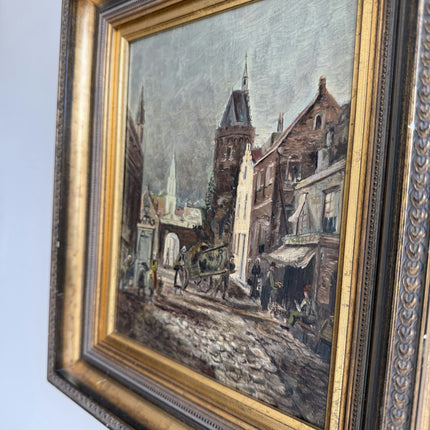 Antique Cityscape Oil Painting "City Street" Rustic Small Artwork Holland Art Shop