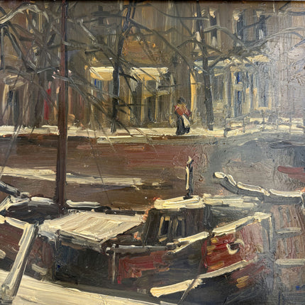 Detailed Harbor Scene Oil Painting "Snowy Street" Rustic Art Holland Art Shop