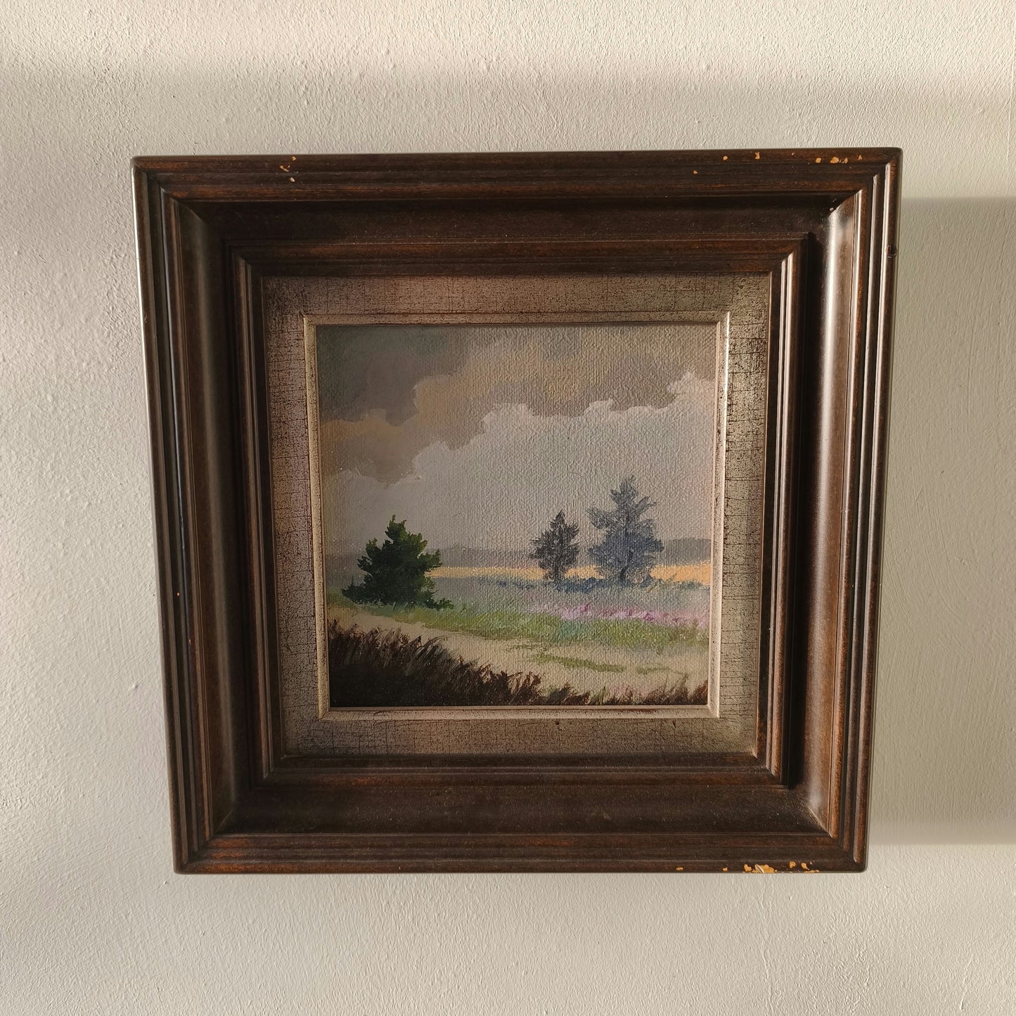 20th Century Vintage Meadow Path Trees Sky Clouds Oil Painting Authentic