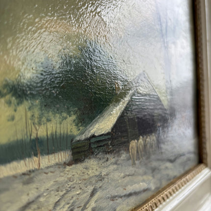 19th Century Antique Landscape Oil Painting "Snowy Cottage" Art Holland Art Shop