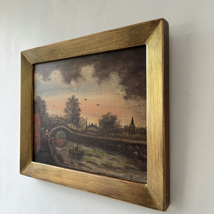 Detailed Harbor Scene Oil Painting "River Boat" Classic Small Artwork Holland Art Shop