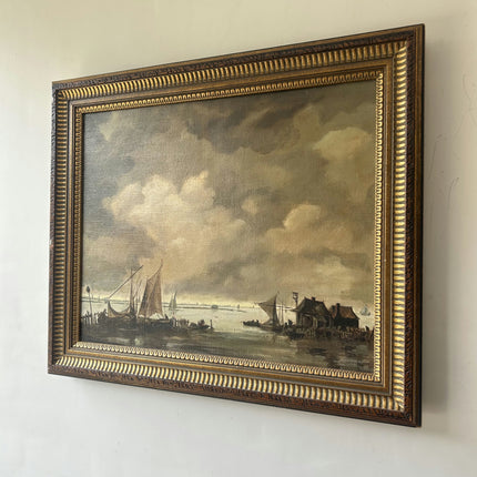 Detailed Harbor Scene Oil Painting "Sailing Boats" Vintage Art Holland Art Shop
