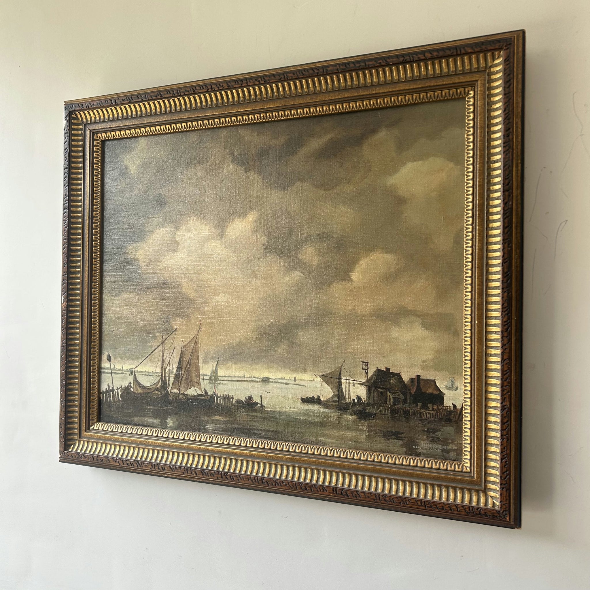 Detailed Harbor Scene Oil Painting 