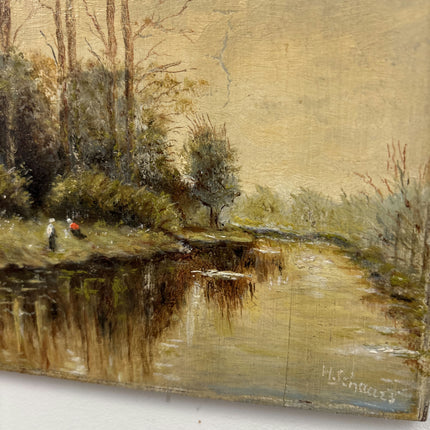19th Century Antique Landscape Oil Painting "River Bank" Small Art Holland Art Shop