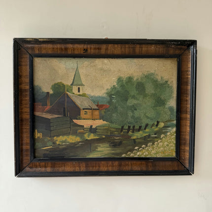 Traditional Landscape Oil Painting "Village Church" Authentic Small Artwork Holland Art Shop