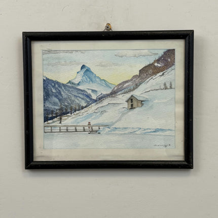 Original Winter Landscape Aquarel "Snowy Cabin" Detailed Small Art Holland Art Shop