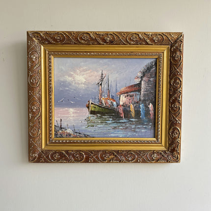 Handcrafted Harbor Scene Oil Painting "Ornate Frame" Refined Small Art Holland Art Shop