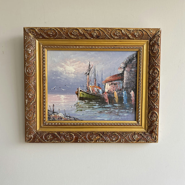 Handcrafted Harbor Scene Oil Painting "Ornate Frame" Refined Small Art Holland Art Shop
