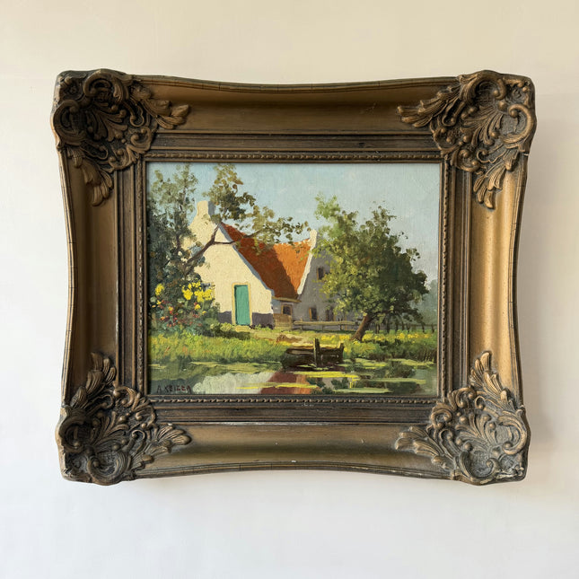 Elegant Landscape Oil Painting "Thatched Cottage" Vintage Dutch Art Holland Art Shop