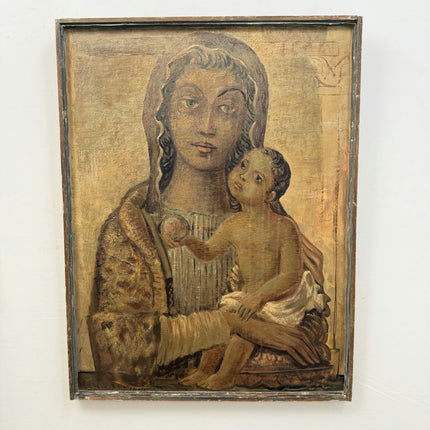 Antique Religious  Oil Painting "Madonna Child" Rustic Large Artwork Holland Art Shop