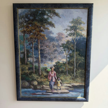 Vintage Figurative Oil Painting "Mother Walking" Rustic Large Artwork Holland Art Shop