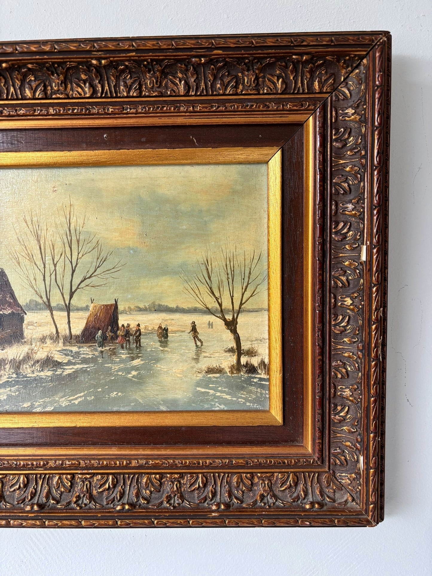 Vintage “Winter Skaters” Original Oil Painting Dutch Ice Scene Framed