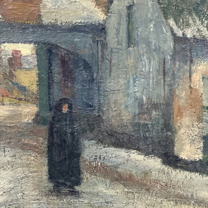 1918 Antique Winter Landscape Oil Painting "Walking Figure" Large Artwork Holland Art Shop