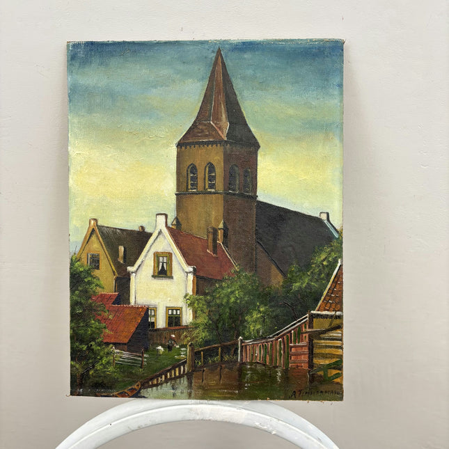 Original Cityscape Oil Painting "Church Tower" Detailed Small Artwork Holland Art Shop