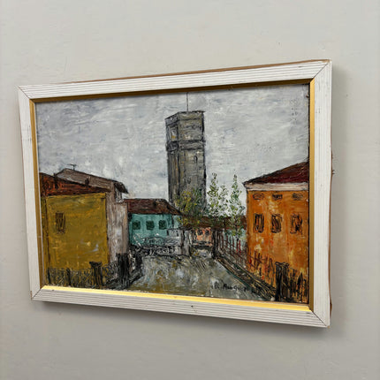 Handcrafted Cityscape Oil Painting "Tall Tower" Rustic Artwork Holland Art Shop
