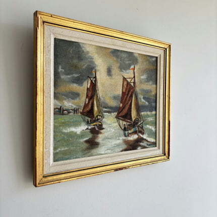 Expressive Seascape Oil Painting "Sailing Boats" Rustic Small Artwork Holland Art Shop