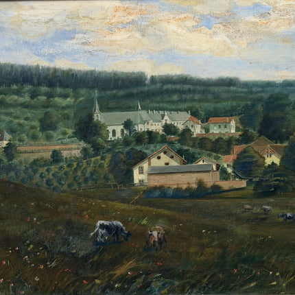 1909 Antique Landscape Oil Painting "Grazing Cow" Large Artwork Holland Art Shop