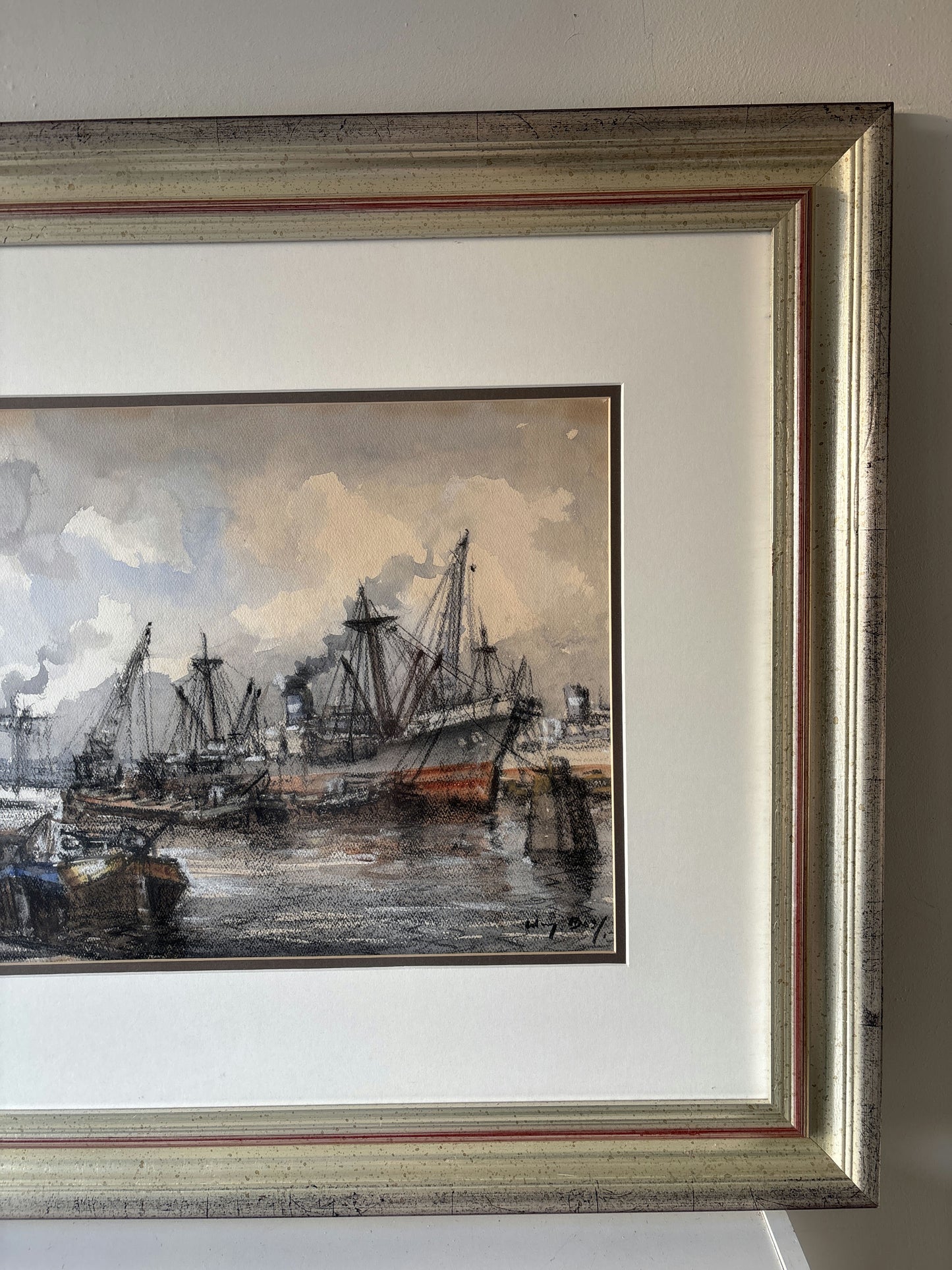 Antique Harbor Scene Mixed Media "Harbor Ships" Intriguing Netherlands  Art