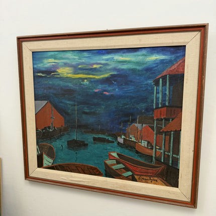 Vintage Harbor Scene Oil Painting "Red Boats" Authentic Large Art Holland Art Shop