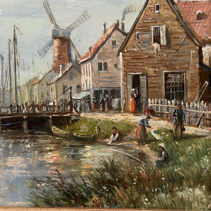 Original Harbor Scene Oil Painting "Harbor Village" Refined Small Art Holland Art Shop