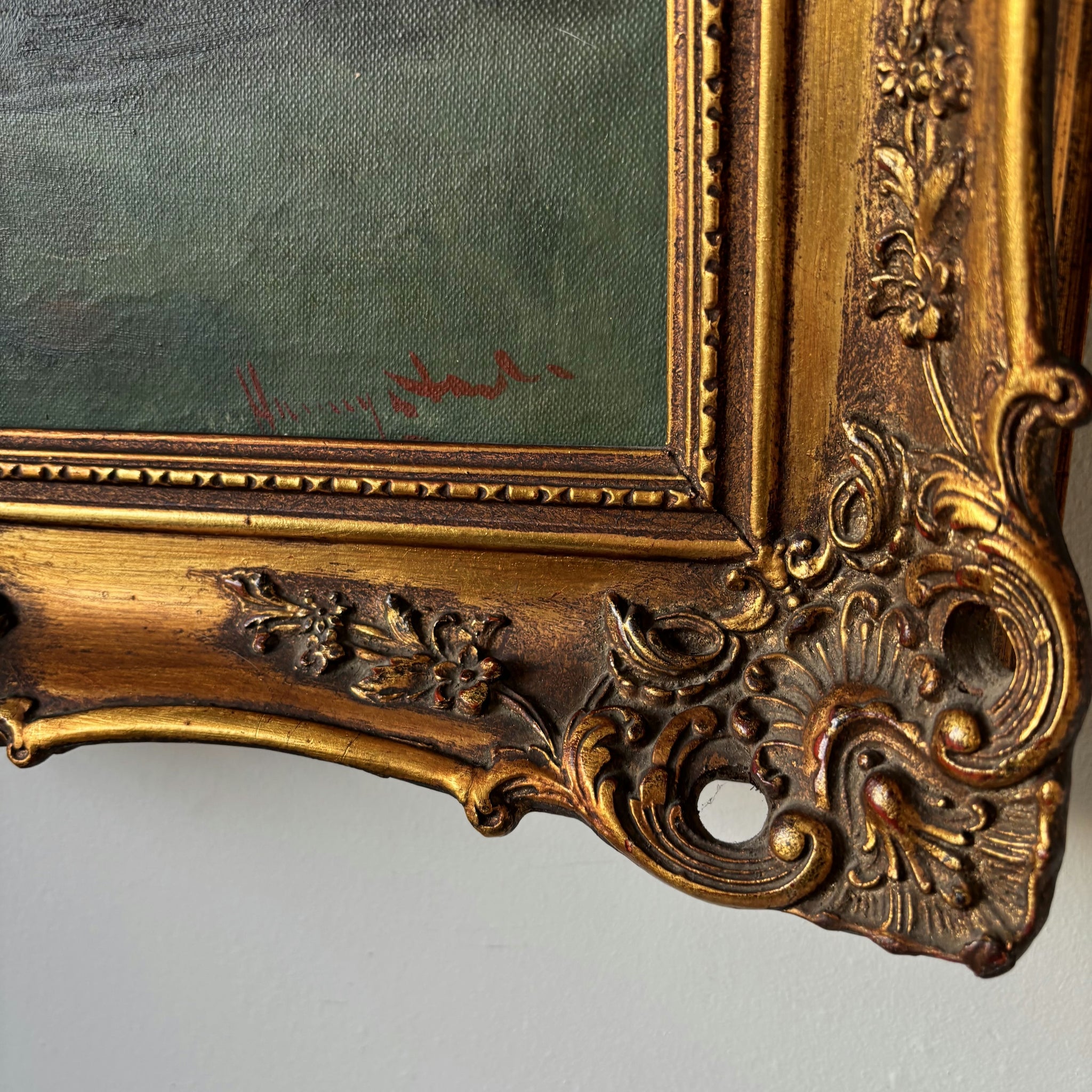 19th Century Elegant Yellow Chrysanthemums Red Pitcher Oil Painting Antique