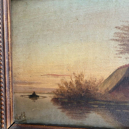 Antique Landscape Oil Painting "Ornate Frame" Rustic Small Artwork Holland Art Shop