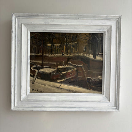 Detailed Harbor Scene Oil Painting "Snowy Street" Rustic Art Holland Art Shop