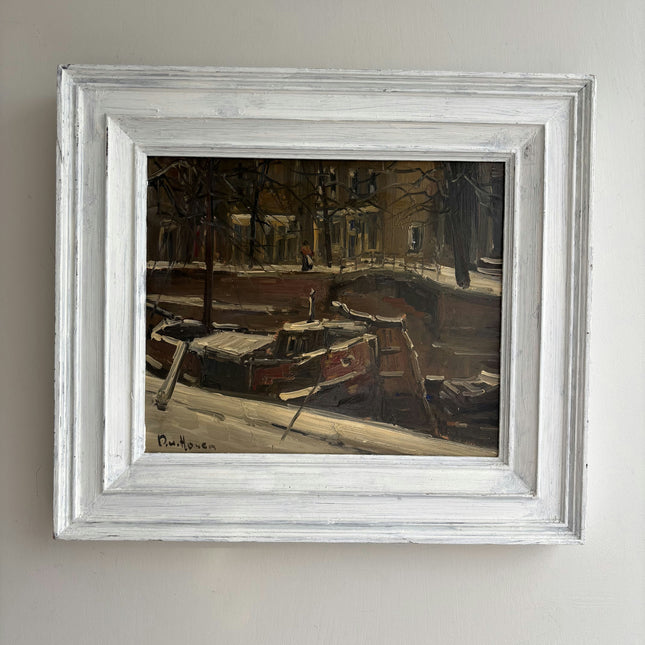 Detailed Harbor Scene Oil Painting "Snowy Street" Rustic Art Holland Art Shop