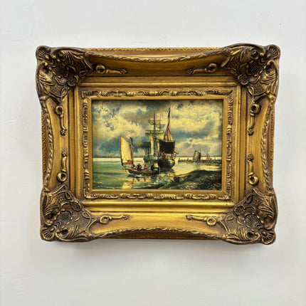 19th Century Antique Seascape Oil Painting "Golden Frame" Small Artwork Holland Art Shop