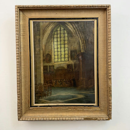 Traditional Church Interior Oil Painting "Stained Window" Vintage Large Art Holland Art Shop