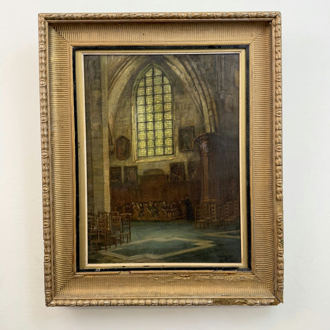 Traditional Church Interior Oil Painting "Stained Window" Vintage Large Art Holland Art Shop