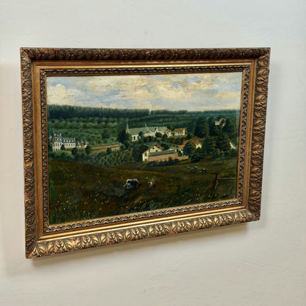 1909 Antique Landscape Oil Painting "Grazing Cow" Large Artwork Holland Art Shop