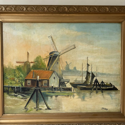 Vintage Landscape Oil Painting "Sailing Windmill" Expressive Large Artwork Holland Art Shop