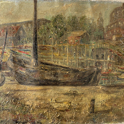 Dutch Hague School Antique Harbor Scene Oil Painting "Wooden Boat" Handcrafted Small Art Holland Art Shop