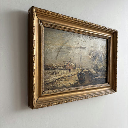 Vintage Harbor Scene Oil Painting "Gold Frame" Rustic Small Art Holland Art Shop