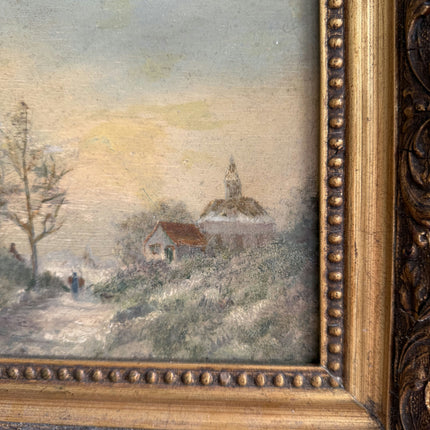 19th Century Antique Winter Landscape Oil Painting "Gilded Frame" Small Art Holland Art Shop