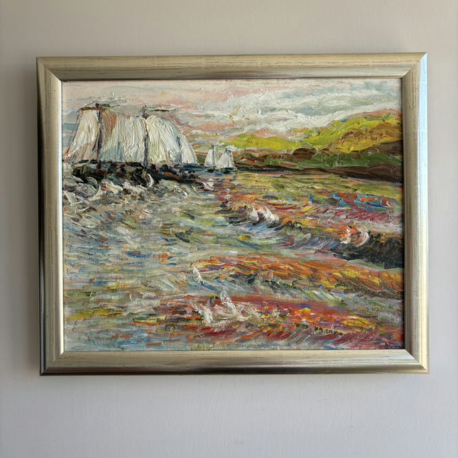Rustic Seascape Oil Painting "Sailboat Fleet" Original Artwork Holland Art Shop
