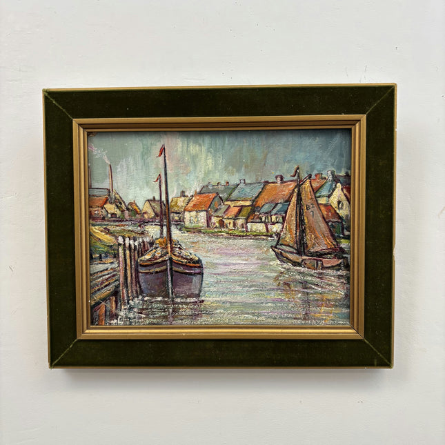 Original Seascape Oil Painting "Docked Boats" Expressive Small Art Holland Art Shop