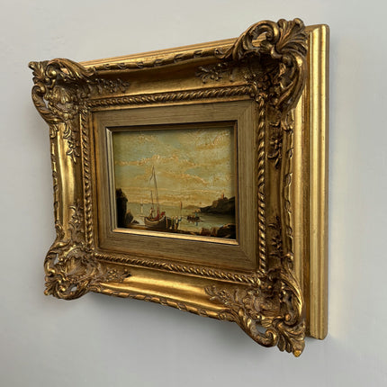 Antique Harbor Scene Oil Painting "Gilded Frame" Traditional Small Art Holland Art Shop