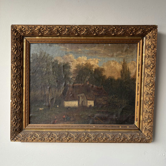 Antique Oil Painting Landscape "Farmhouse Scene" Original Medium Art