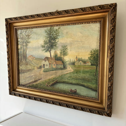 19th Century Antique Landscape Oil Painting "Thatched Cottage" Large Art Holland Art Shop